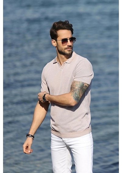 Ferraro A.Bej/Beyaz Kuşgözü Desenli Polo Yaka Erkek Triko T-Shirt-Bej