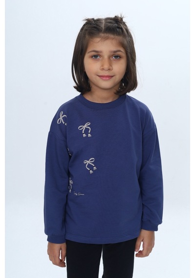 Toontoy Kız Çocuk Fiyonk Kabaran Baskılı Sweatshirt İndigo