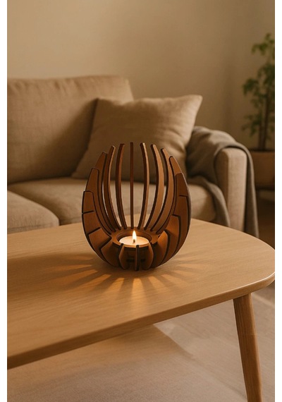 Ceviz Desenli Lotus Mumluk 3 Mm Mdf Lazer Kesim, 14 Cm Kemençe
