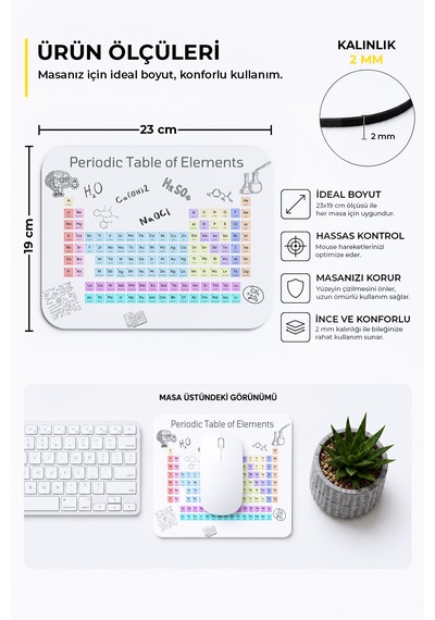 Periyodik Tablo Desenli Mouse Pad - 23x19 Cm Kaymaz Tabanlı Ergonomik Kimya Ve Bilim Fare Altlığı Çok Renkli