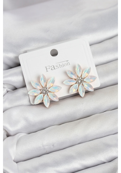 Beyaz Renk Kristal Taşlı Lotus Çiçek Model Kadın Küpe