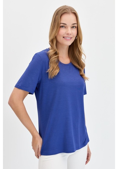 Kadın Sıfır Yaka Flamlı Kumaş Penye Tshirt İndigo Indigo