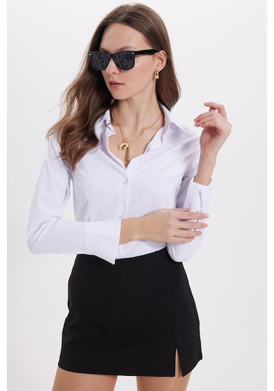 Tudors Kadın Slim Fit Dar Kesim Klasik Yaka Uzun Kollu Beyaz Gömlek-40337 Beyaz