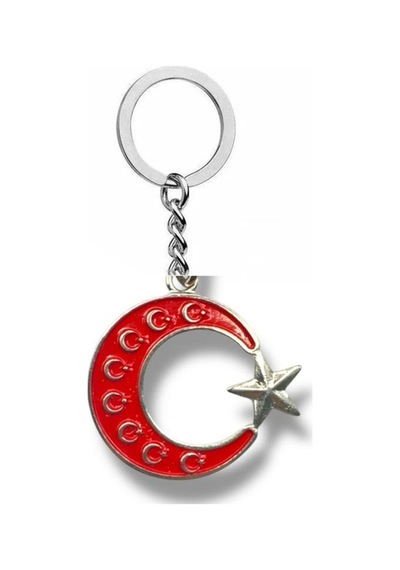 Kırmızı Ay Yıldız Figürlü Metal Anahtarlık Gümüş Renk Unisex Aksesuar