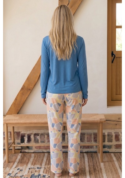 Siyah İnci Mavi Desenli Nakışlı Viskon Örme Pijama Takım 26224636