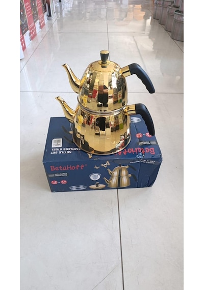 Gold Sarı Çaydanlık Seti 1.0 + 2.5 Litre Betahoff Paslanmaz Çelik İndüksiyon Uyumlu Kapsül Tabanlı Çaydanlık Takımı