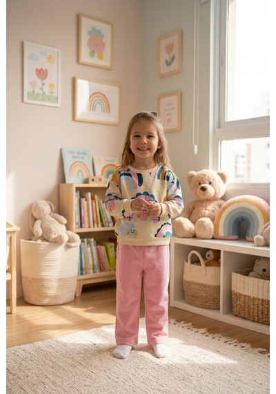 Ahengim Kız Çocuk Gökkuşağı Desenli Sweatshirt 2 Li Alt Üst Takım Ak15636 Pembe
