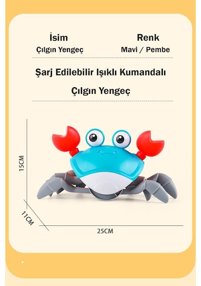 Işıklı Müzikli Uzaktan Kumandalı Fonksiyonel Yan Yürüyen Çılgın Sevimli Yengeç - 6721e Mavi
