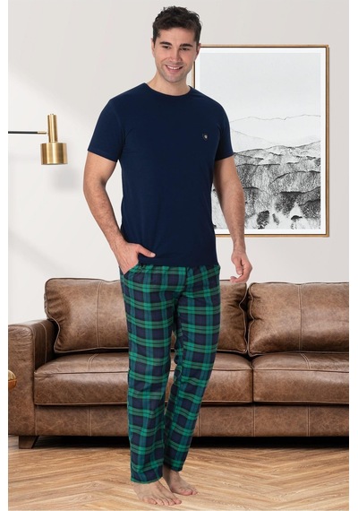 Mecit Pijama Mecit 2907 Lacivert Ekoseli Erkek Büyük Beden Pijama Takımı Lacivert