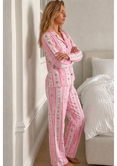 Fit Women Kadın Desenli Düğmeli Uzun Kollu Pembe Pijama Takımı