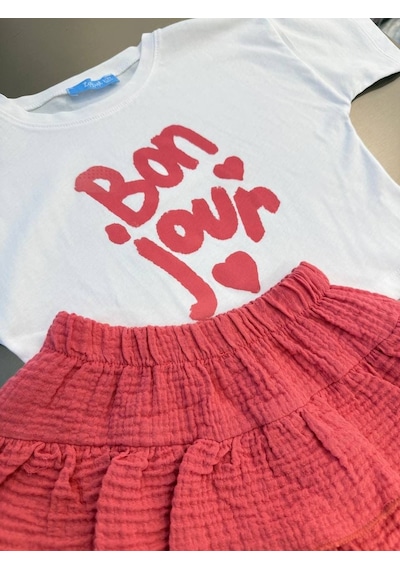 Magu Kız Çocuk Pamuklu Bonjour Baskılı T-shirt Fırfırlı Etek Takım Çok Renkli