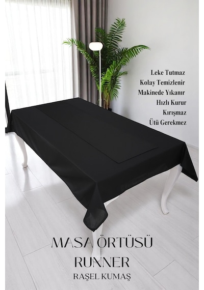 Smooth Set Masa Örtüsü Ve Runner Seti Sofra Bezi Çeyiz Seti Masa Örtüsü Ve Runner Siyah