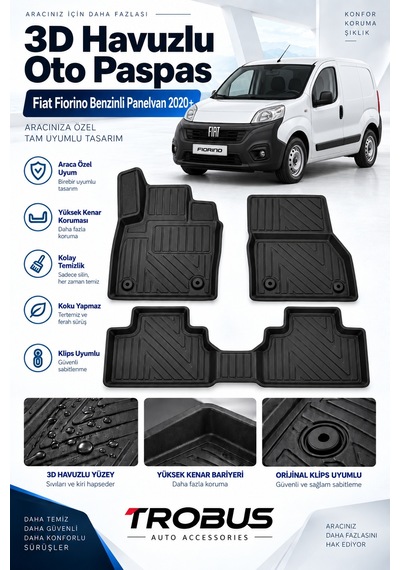 Fiat Fiorino Benzinli Panelvan 2025 Karbon Desenli Premium 3d Havuzlu Oto Paspas 2 Parça Ön Takım