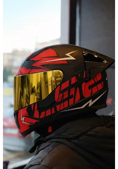 Rapıd 2 Cromo Mat Siyah-kırmızı Kask-gold Vizör-spoiler Gold