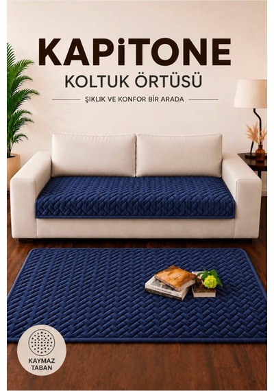 Tek Parça Kaymaz Taban Kapitone Koltuk Örtüsü Çekyat Kanepe Örtüsü 90x200 Lacivert Lacivert