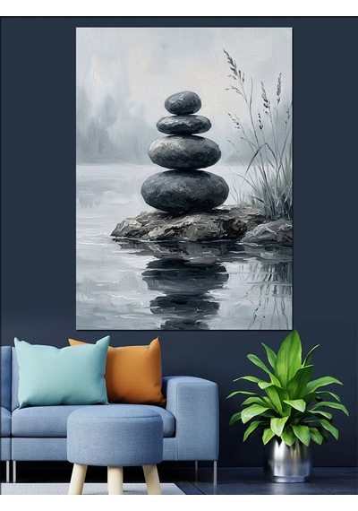 Suda Zen Denge Taşları Meditasyon Dekoratif Kanvas - Mdf Ahşap Tablo