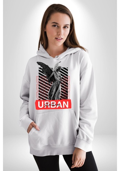 Şehir Sokak Stili Melek Heykeli Kadın Erkek Beyaz Kapüşonlu Sweatshirt Hoodie Beyaz