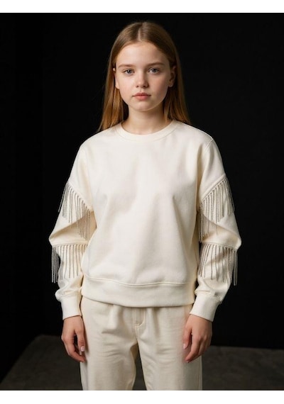Kız Çocuk Yüzde Yüz Pamuklu İki İplik Zincir Detaylı Sweatshirt-16698 Ekru