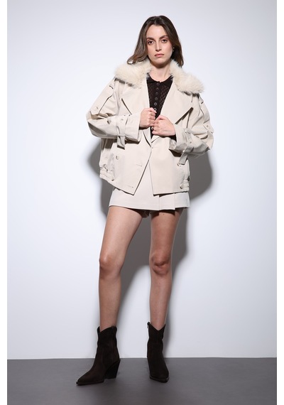 Antioch Suni Kürklü Kısa Kadın Trençkot Bej