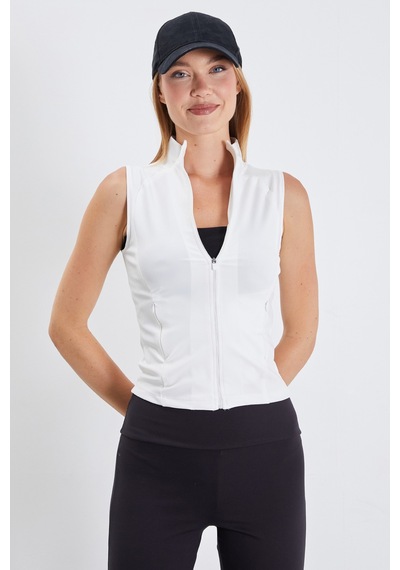 Fullamoda Dik Yaka Dalgıç Kumaş Slim Fit Yelek Beyaz