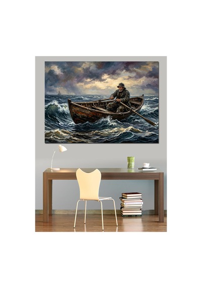 Denizde Kürek Çeken Yalnız Balıkçı Yağlı Boya Dokulu Kanvas Tablo Canvas Tablosu