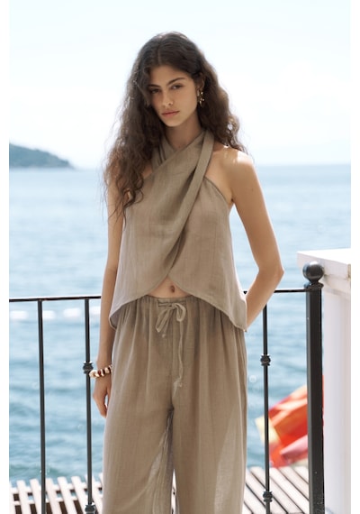 Mai Collection Mai Studios Co. Cadhas Boyundan Bağlamalı Haki Crop Pantolon Takım Haki