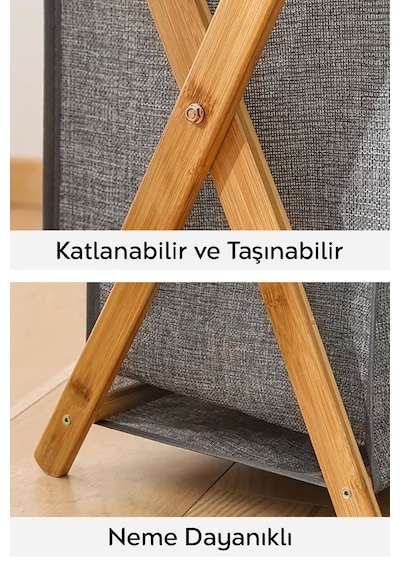 Katlanır Bambu Çamaşır Sepeti - Yıkanabilir İç Hazneli Natural Kirli Çamaşır Sepeti 40 Lt Gri Gri