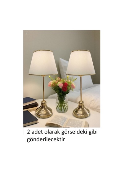 2 Adet Gold Kaplamalı Krem Kumaş Başlıklı Masa Abajuru Yatak Başı Lambası Aydınlatma Lamba