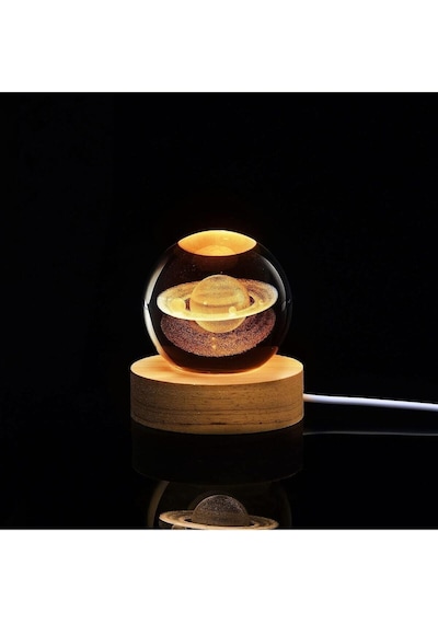 Ledli Usb'li Ahşap Standlı Satürn Küre Temalı Kristal Küre Gün Işığı 3d Oda Masa Ve Gece Lambası Dekoratif Obje