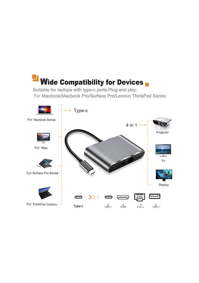 Type C To 4K Hdmi, Usb 3.0, Rj45 Gigabit Ethernet Çevirici Kablo (551664304)