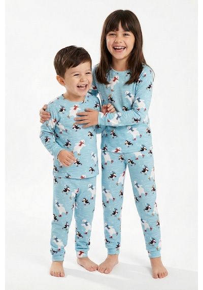 Zuzunga Unisex İnterlok Bebe Mavisi Yılbaşı Temalı Pijama Takımı Mavi