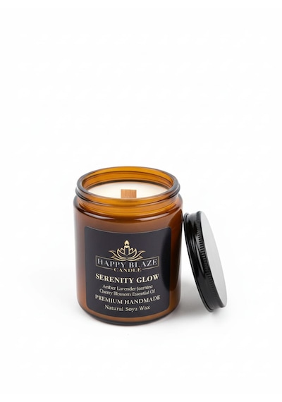1. Serenity Glow Amber & Lavanta Kokulu El Yapımı Soya Mumu Happy Blaze Candle Amber