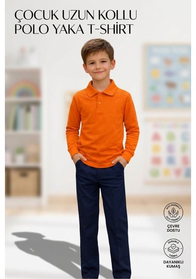 Erdem Kıds Unisex Kız Erkek Çocuk Polo Yaka Pamuklu Uzun Kol Oranj-turuncu-orange Günlük Basic Okul Tişört Orange Orange