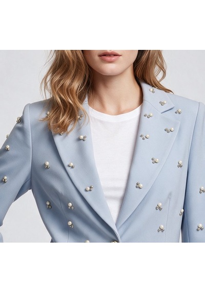 Clio Novier Kadın Çentikli Yaka İnci İşlemeli Uzun Kollu Blazer Ceket 25y2252 Mavi