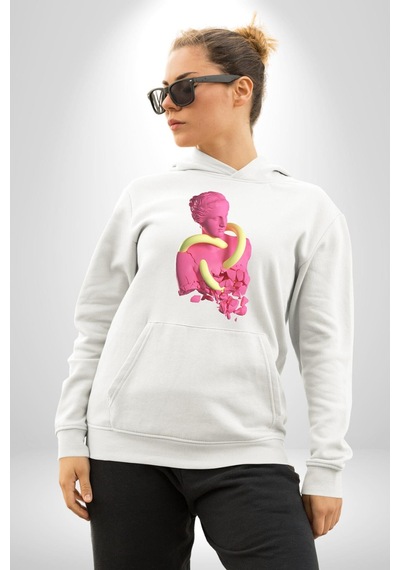 Pop Art Yaratıcı Heykel Pembe Kadın Erkek Beyaz Kapüşonlu Sweatshirt Hoodie Beyaz