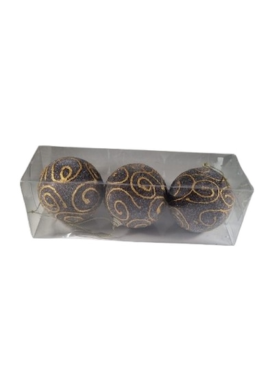 3 Adet Yılbaşı Ağacı Top Süsü 8 Cm - Kahve Ve Altın Varak Desenli Lüks Ağaç Dekorasyonu Seti