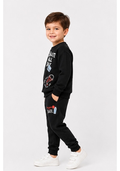 Ahengim Erkek Çocuk Kaykay Baskılı Sweatshirt Eşofman Altı 2 Li Takım 1-4 Yaş Ak115 Siyah