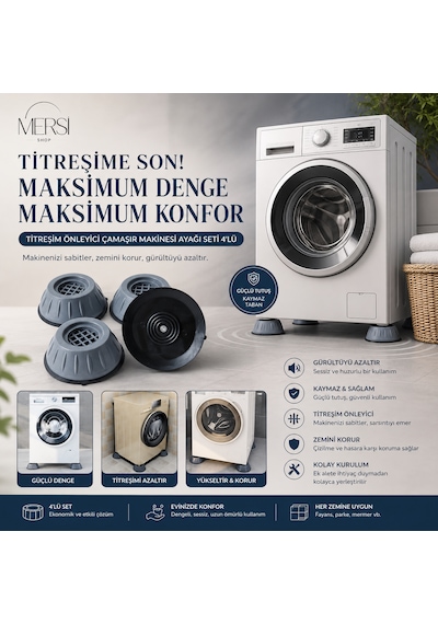 Titreşim Önleyici Çamaşır Makinesi Ayağı Seti 4 Lü Kaymaz Yükseltici Makine Altlığı Ve Dengeleyici Ped Gri