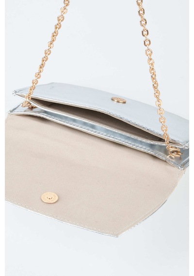 Vivaq Kadın Gümüş Simli Zarf Tasarım 2 Bölmeli Mini Zincir Askılı Çıt Çıt Kapama Clutch Ve El Çantası