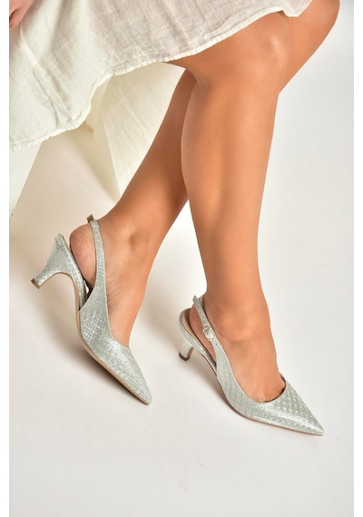 Fox Shoes Y572471514 Gümüş Sim Alçak Topuklu Kadın Abiye Ayakkabı Gümüş
