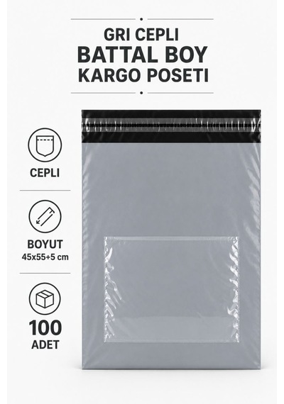 Gri Cepli Battal Boy Kargo Poşeti 45x55+5 Cm 100 Adet