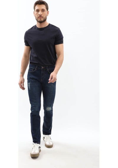 Blue White Erkek Dizi Yırtık Slim Fit Boya Detay Jean Pantolon Lacivert 36