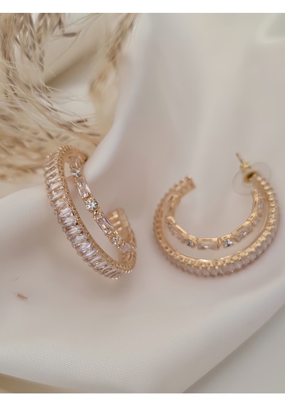 İkili Yarım Halka Model Zirkon Taşlı Antialerjik Vip Halka Gold Renk Küpe Antialerjik Gold