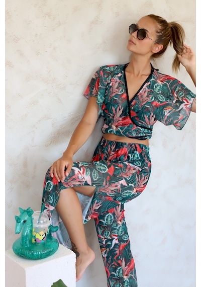 Plaj Pantalon Pareo Yazlık Kapalı Yırtmaçlı Lastikli Şifon Tül Kumaş S-M Yüksek Bel Flower Yeşil