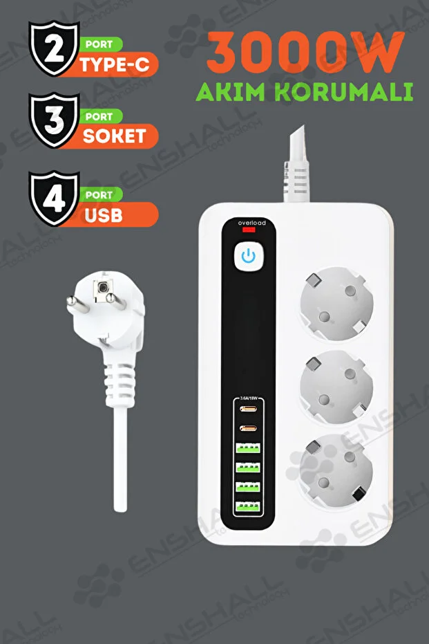 Pro P10 3x Priz 3000w Akım Korumalı 4x Usb 2x Type-c Girişli Çoklu Priz 2