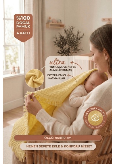 Müslin Püsküllü 4 Katlı Müslin Battaniye 90x120 Cm - Ze4katlı Sarı