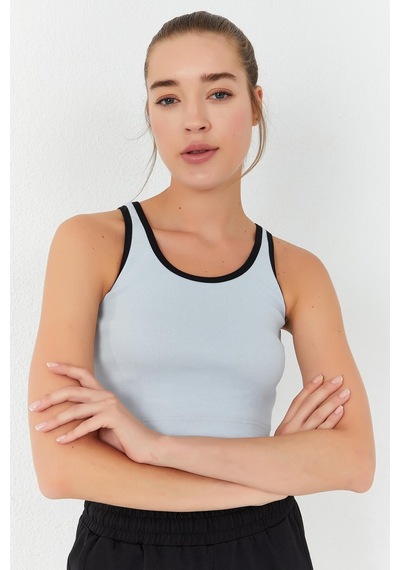 Tommy Life Taş Basic Sıfır Kol Dar Kalıp U Yaka Kadın Crop Top Atlet - 97162 Taş