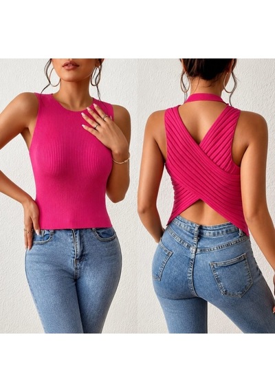 Aesco Kadın Sıfır Kol Sırt Çapraz Detay Triko Bluz Pembe