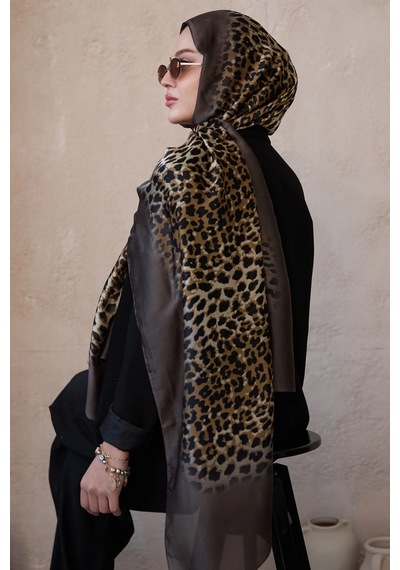 Miorel Scarfs Leopar Desen Vual İpek Şal Fular Silk Scarfs Shawl Hijab Kahve Kenar