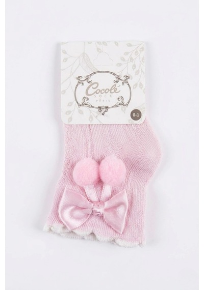 Cocole Socks Kız Çocuk Aksesuarlı Soket Çorabı Tekli Pamuklu Ponponlu Pembe Desenli